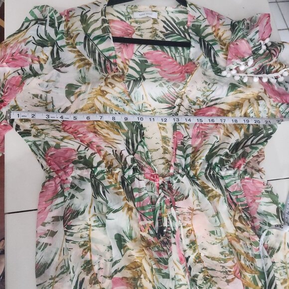Nine West Sheer Kimono Cardigan Tropical Print Pom-Pom Cover-Up Drawstring O/S - Picture 8 of 11